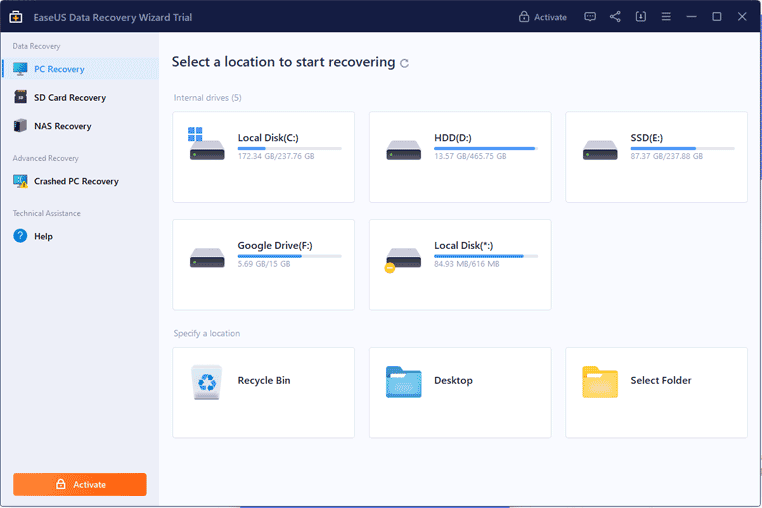 Écran principal EaseUS Data Recovery Wizard Écran principal EaseUS Data Recovery Wizard