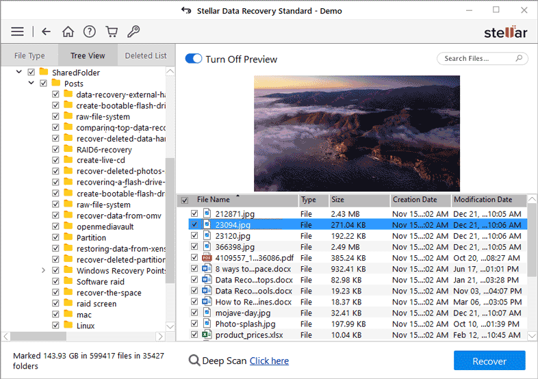 Écran de résultat Stellar Data Recovery Écran de résultat Stellar Data Recovery