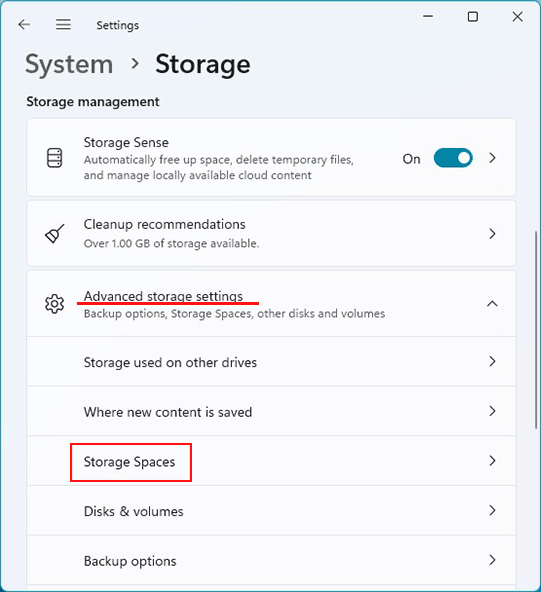 Emplacement des Espaces de stockage dans Windows 11