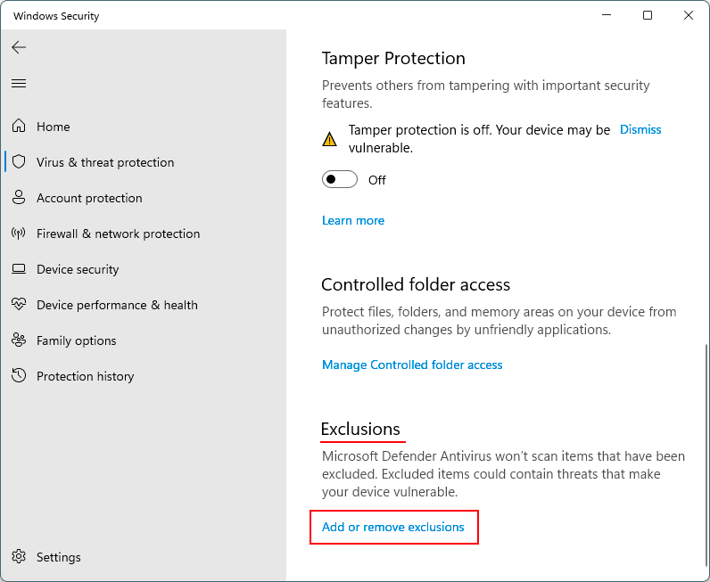 Exceptions de Windows Defender sous Windows 11