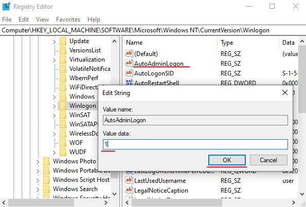 Modification de la valeur pour la clé AutoAdminLogon