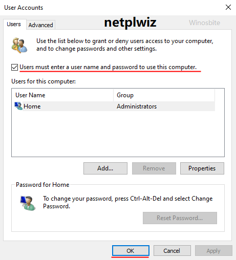 Désactivation du mot de passe de connexion dans netplwiz