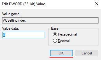 Définir la valeur 0 pour ACSettingIndex