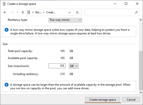 Create Storage Space Create Storage Space