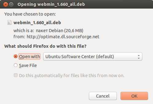 Ouverture de Webmin dans le Centre logiciel Ouverture de Webmin dans le Centre logiciel