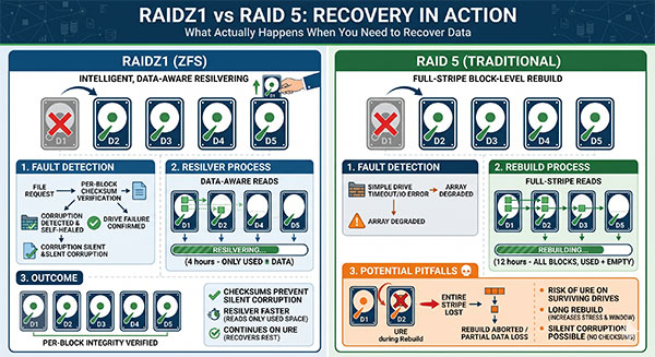 RAIDZ1 vs RAID 5 : que se passe-t-il réellement lors d’une récupération de données ?