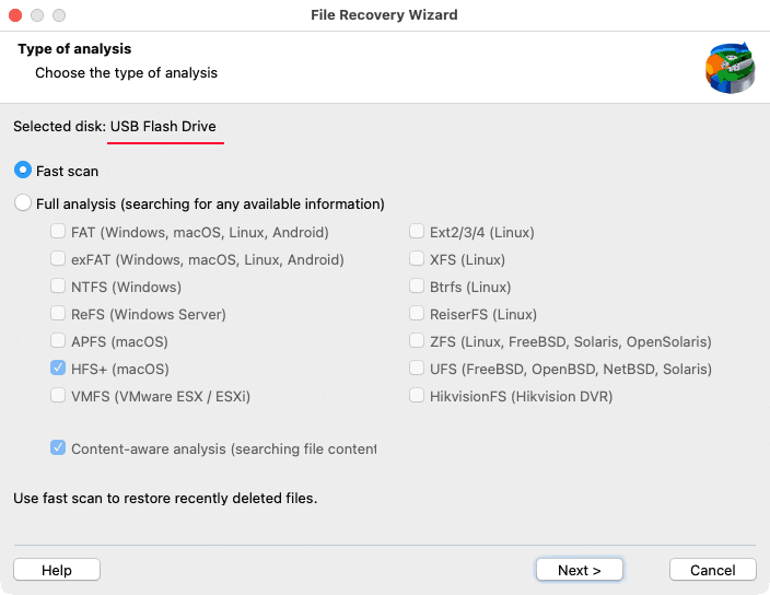 Choisir le type d'analyse — récupération de données USB sur Mac Choisir le type d'analyse — récupération de données USB sur Mac