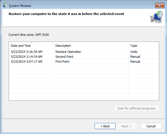 Points de restauration Windows 11 dans l'environnement de récupération