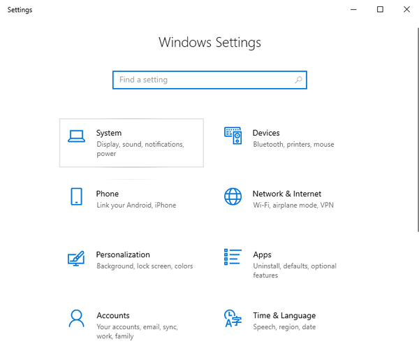 Fenêtre des paramètres de Windows