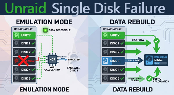 Défaillance d&rsquo;un seul disque sous Unraid : récupération de données, émulation et reconstruction