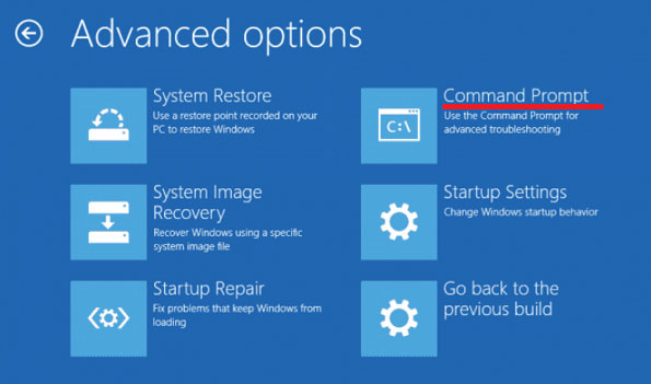 Ouverture de l'invite de commandes via l'environnement de récupération Windows