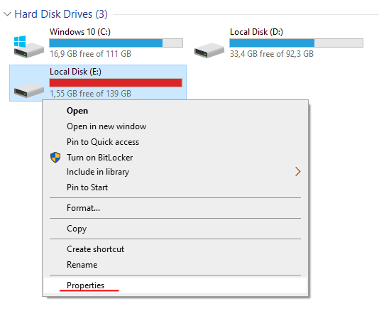 Propriétés du disque local E
