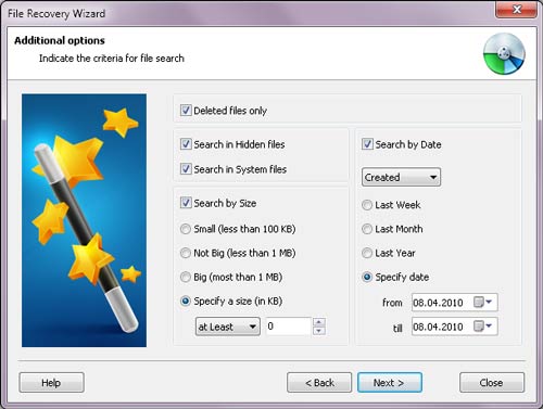 Filtrer les fichiers supprimés par date, taille et heure